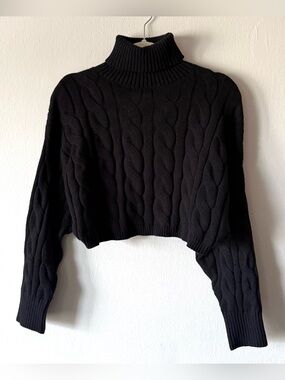 Black Cropped Cable Knit Turtleneck